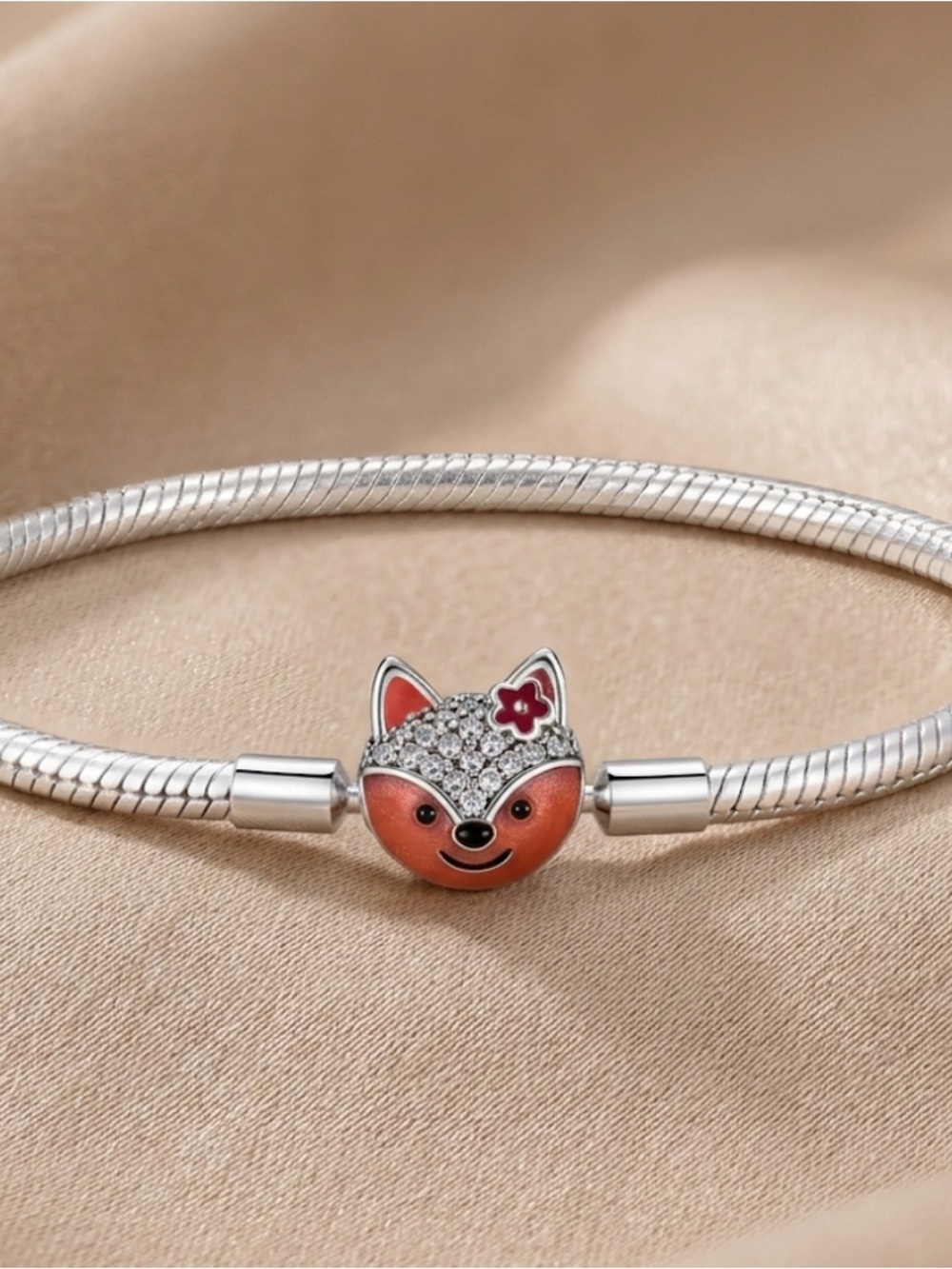 Silver Snake Chain Bracelet with Enamel Fox Charm